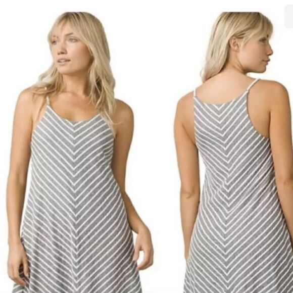 Prana Seacoast Halter Swing Mini Trapeze Dress Striped Summer Black White Medium - Picture 1 of 7